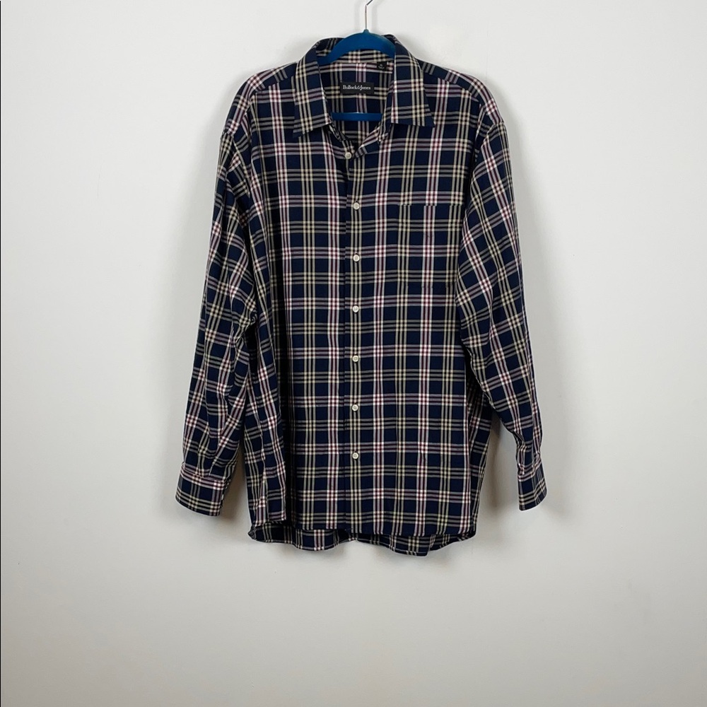 Bullock & Jones Button Down Plaid Long Sleeve Men's XL Navy Front Pocket Shirt